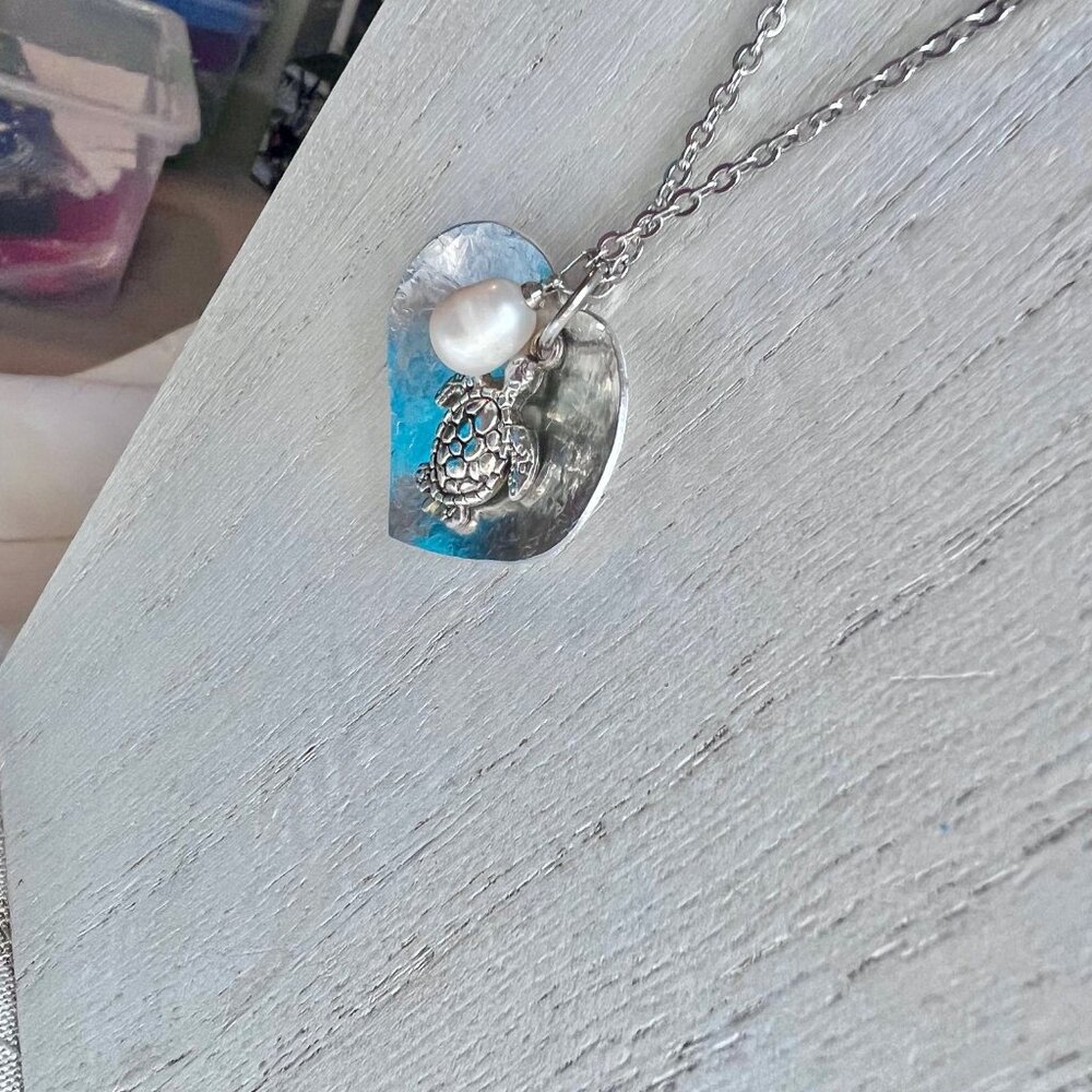 Tropic Beachy Nautical Necklace, Turtle Heart Pearl, Mixed Metal Necklace - Picture 5 of 15
